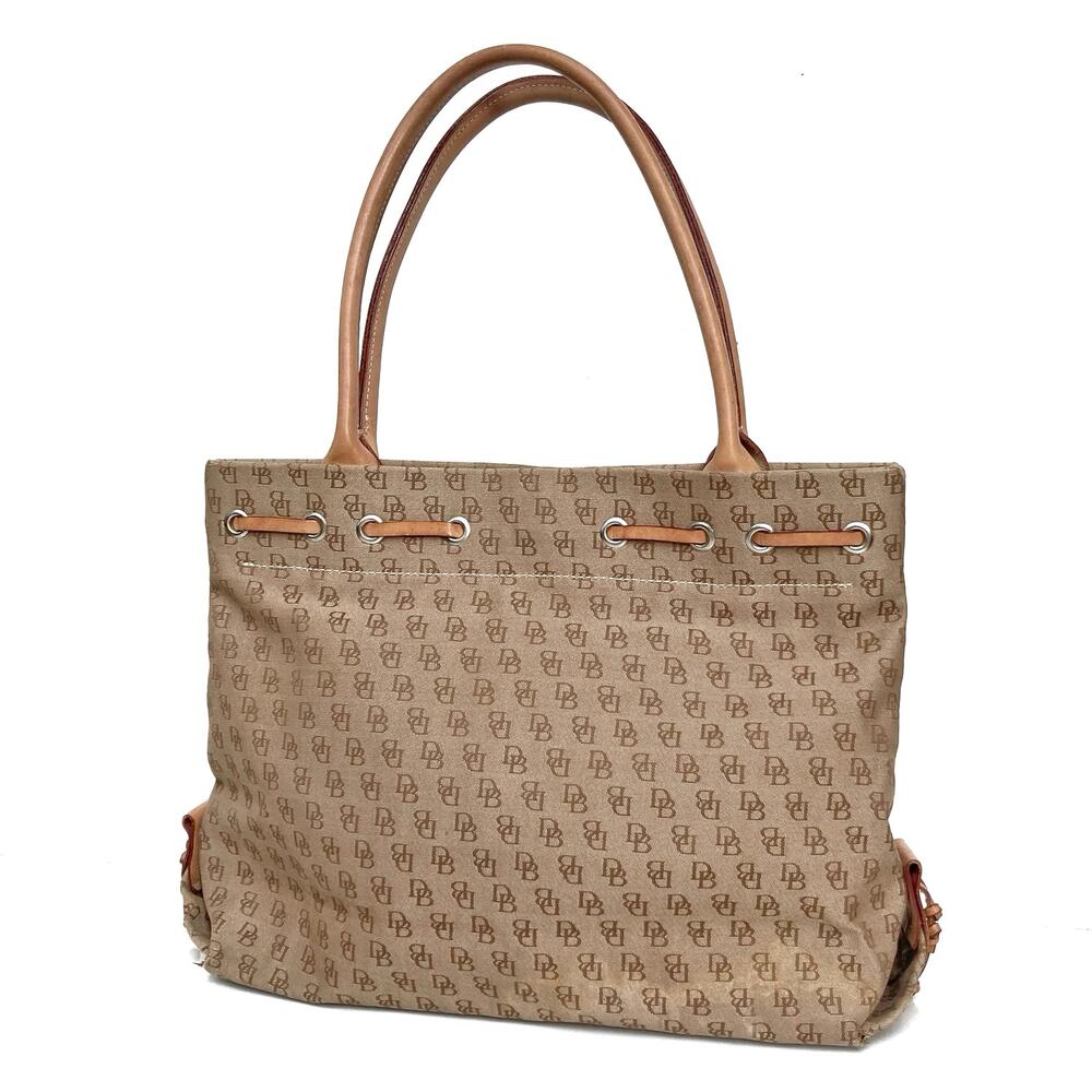 Y2K Dooney Monogram Canvas Tote | Preppy Neutral Shoulder Bag with Leather Trim - Picture 3 of 16